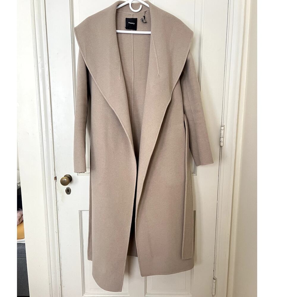 THEORY Shawl Collar Wool & Cashmere Coat Grey Oat (with flaws)- size large - Picture 2 of 8